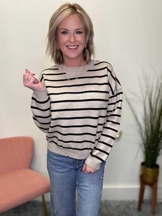 You Bet Striped Knit Sweater In Latte - Ella Chic Boutique