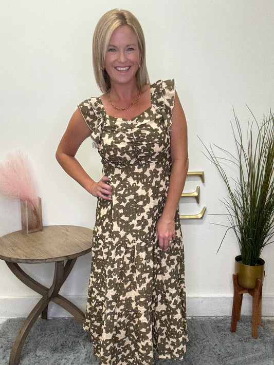 Mikarose Carrie dress in mossy florals olive cream yellow midi maxi
