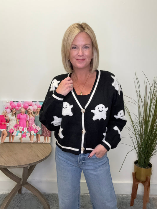 Adora black white ghost cardigan sweater Halloween October spooky top