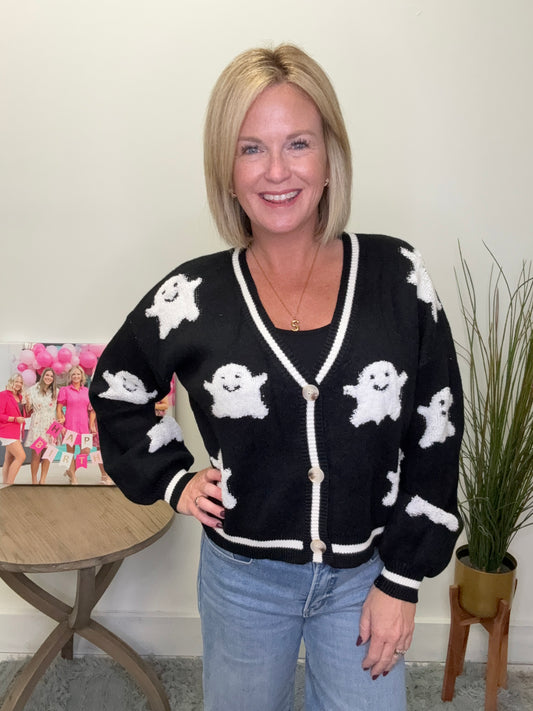 Adora black white ghost cardigan sweater Halloween October spooky top