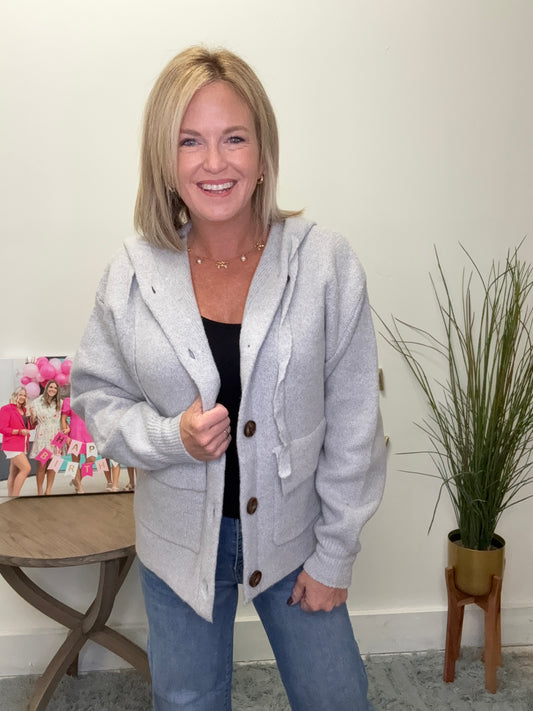 Button Down Hoodie Sweater Jacket in Gray