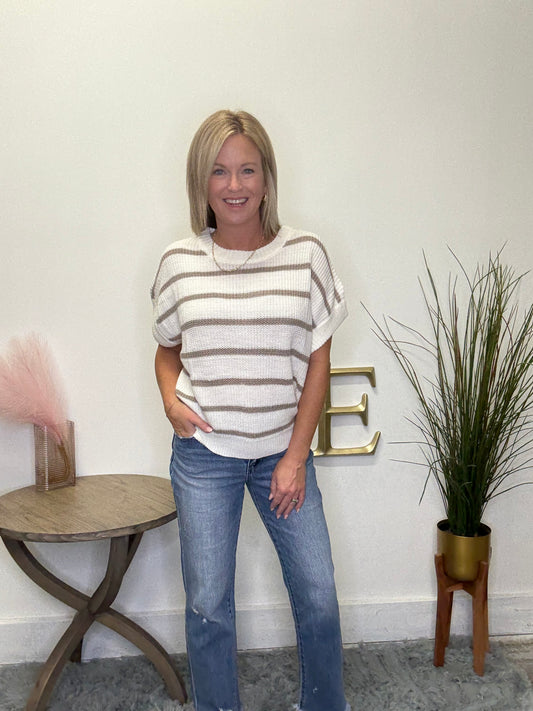 Hyfve double zero striped sweater short sleeve knit ivory white fall clothes boutique free shipping
