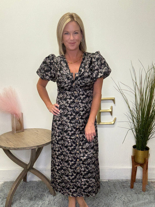 Midi Wanda dress Mikarose black floral ruched bust puff sleeve fitted flattering fall 2025 button front v-neck nursing friendly