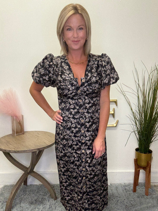 Midi Wanda dress Mikarose black floral ruched bust puff sleeve fitted flattering fall 2025 button front v-neck nursing friendly