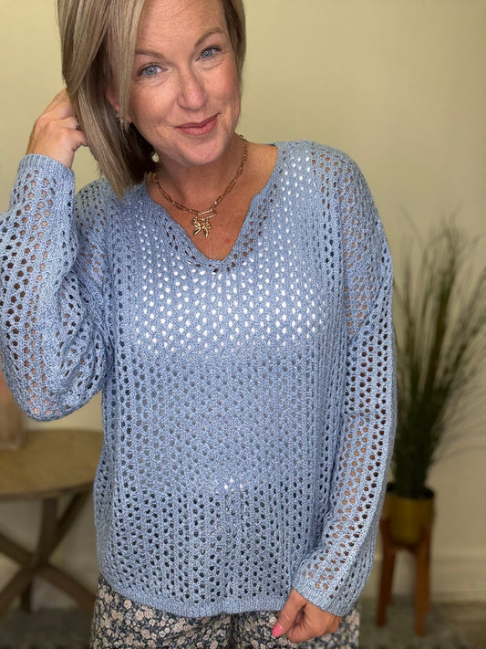 Doe and Rae open knit light blue sweater v-neck long sleeve boutique Roanoke