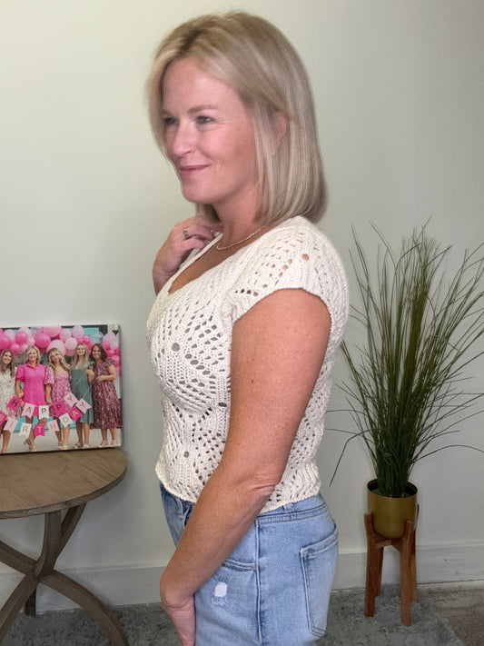 by together cream cotton knit crochet open sweater v-neck top ivory scallop boutique Roanoke, IN