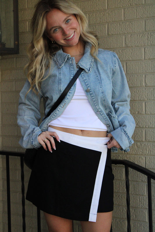 Black Contrast Trim Wrap Mini Skirt