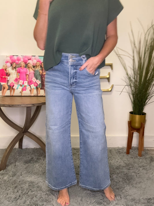 High Rise Tummy Control Cropped Wide Leg Jeans With Bow Waistband Risen Jeans light wash 27 in inseam