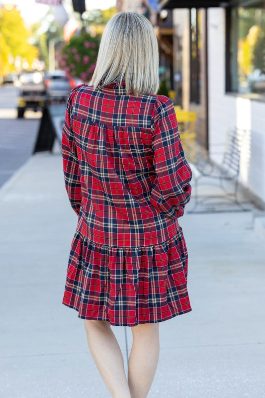 Country club Christmas red plaid entro dress pockets ruffle collar holiday