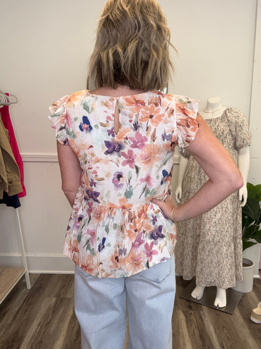 Hayden LA floral print ruffle sleeve v-neck boutique summer top