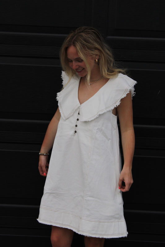 White Denim Ruffle Shift Dress