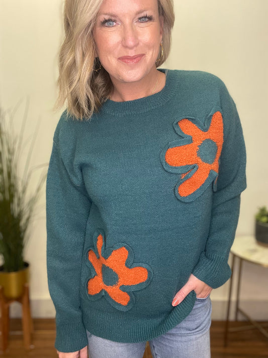 Feel The Flower Textured Knit Sweater- Teal - Ella Chic Boutique