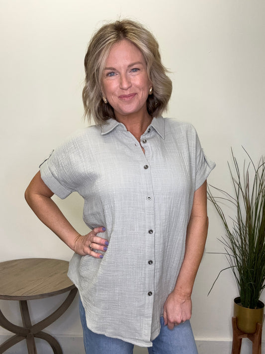 Roll Up Sleeve Button Down Gauze Shirt - Ella Chic Boutique