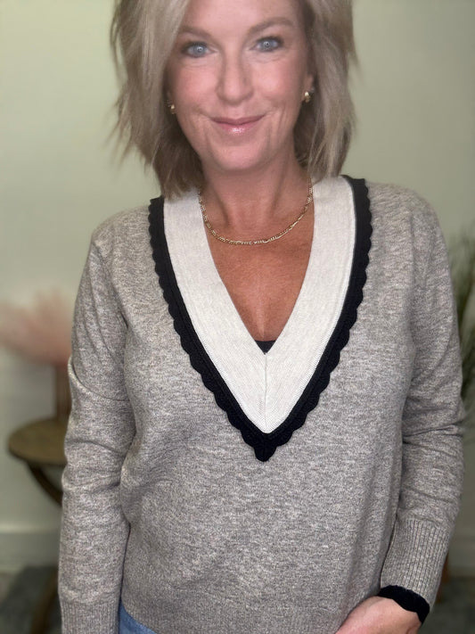 Varsity Contrast V-Neck Sweater - Ella Chic Boutique