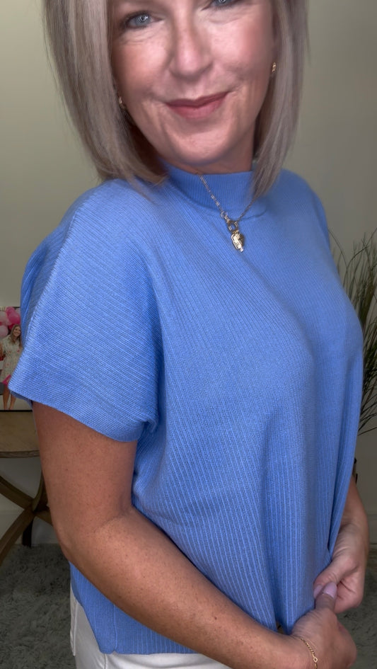 Mock Neck Short Sleeve Ribbed Boxy Sweater - Blue - Ella Chic Boutique