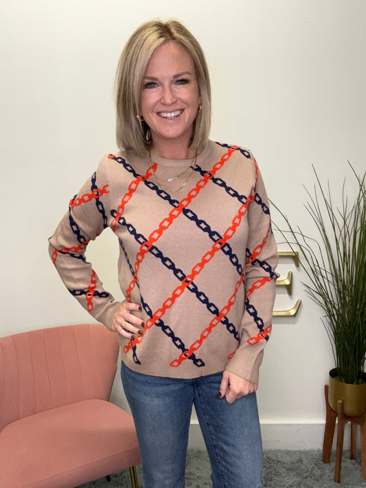 Chain Print Sweater orange navy tan thml soft high quality sale