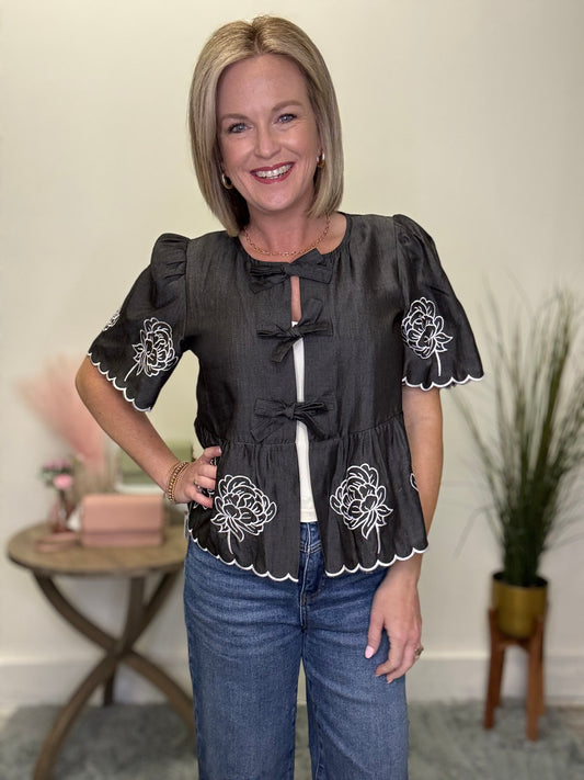 Floral Embroidery Bow Front With Scallop Details