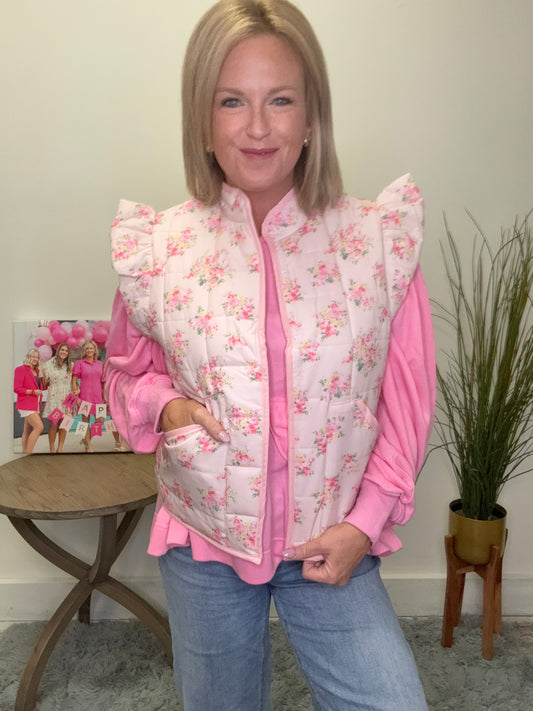 Floral Printed Ruffle Sleeve Puff Vest