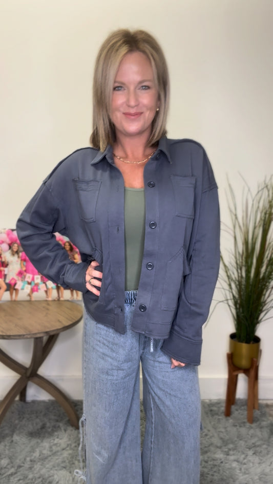 Washed Knit Soft Utility Jacket - Blue - Ella Chic Boutique