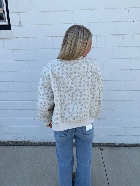 Oversized quilted ditsy floral main strip snap front long sleeve jacket coat cream blue green 