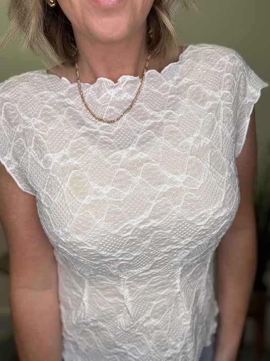 Flattering Lace Lettuce Edge Boat Neck Sheer Knit Top Cream Ivory Hem and Thread