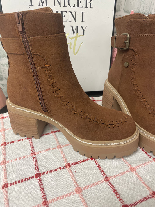 Toula Stitched Boot In Cognac Suede brown MIA buckle block heel platform free shipping