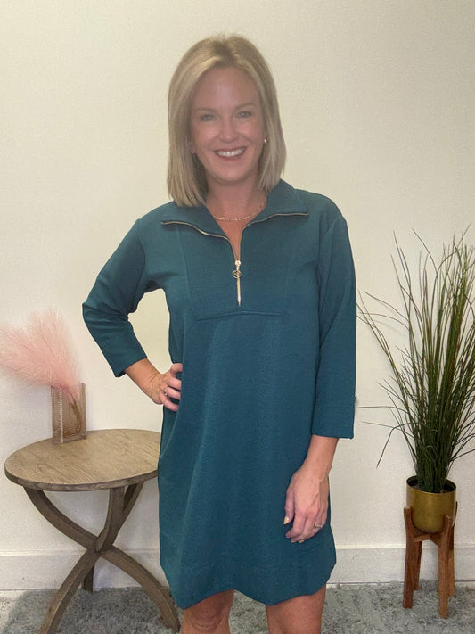 Mary Square Gulf Blue Raven 1/4 Zip Front Dress ribbed teal gold zipper 3/4 sleeves fall