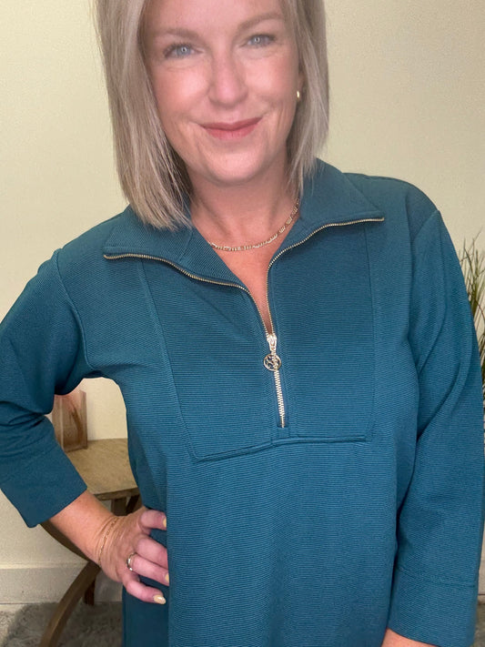 Mary Square Gulf Blue Raven 1/4 Zip Front Dress ribbed teal gold zipper 3/4 sleeves fall