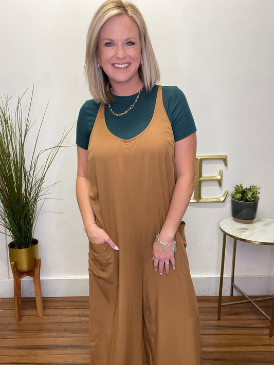 Can’t Help Myself Camel Jumpsuit With Pockets - Ella Chic Boutique
