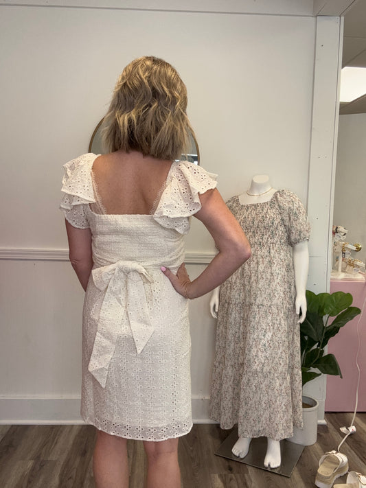wrap front eyelet fabric ruffle sleeve ivory dress mystree
