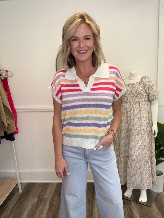 Bibi rainbow striped knit sweater top collar short sleeve