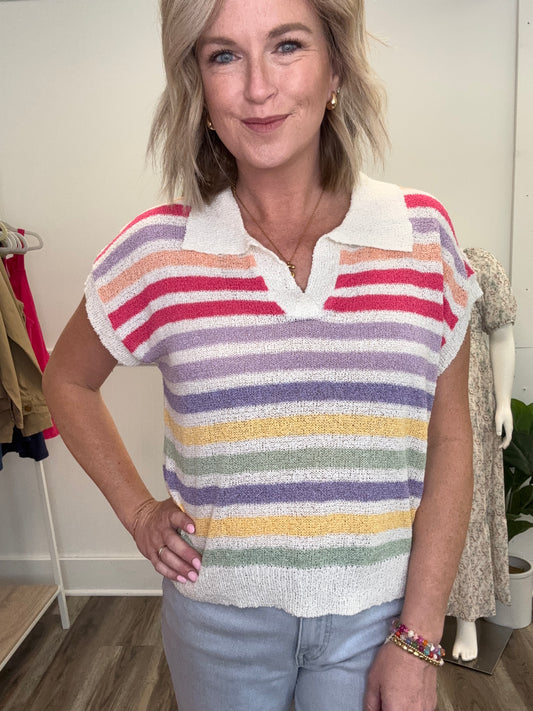 Bibi rainbow striped knit sweater top collar short sleeve
