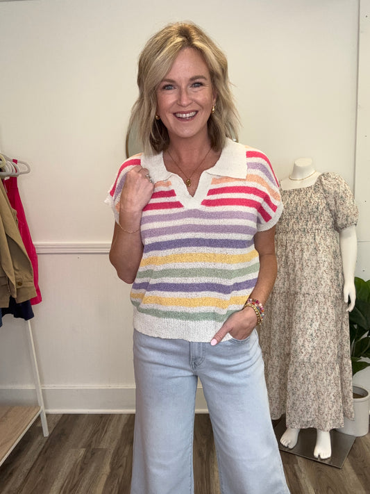 Bibi rainbow striped knit sweater top collar short sleeve