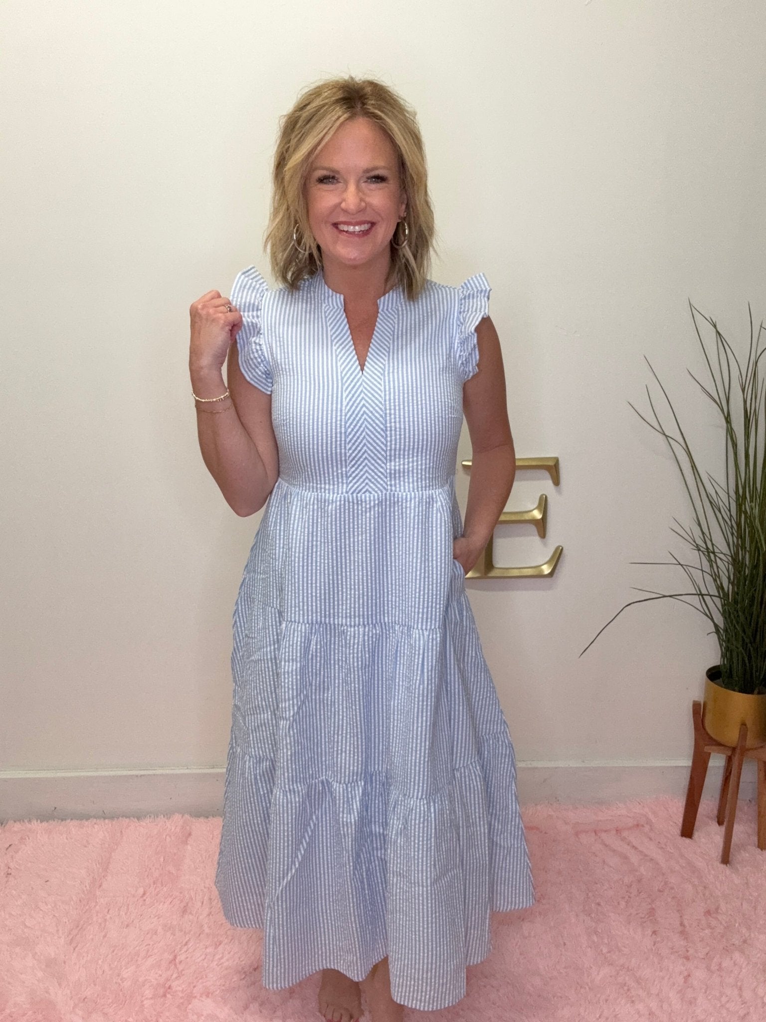 seersucker midi dress Blue and White Kari Seersucker Midi Dress – Ella Chic Boutique