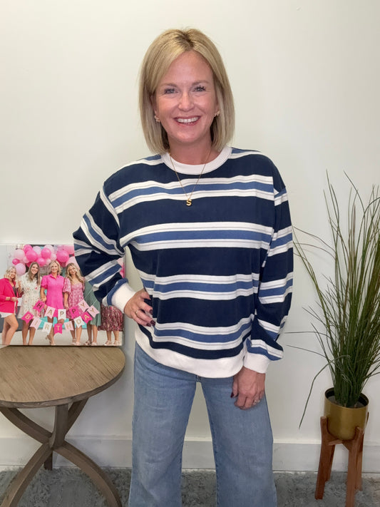 Blue striped by together sweatshirt top cream/ivory trim pullover fall boutique Roanoke, Indiana