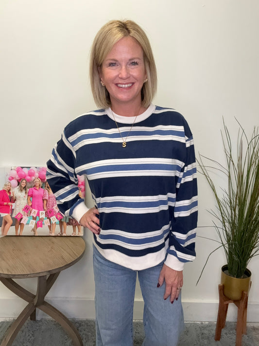 Blue striped by together sweatshirt top cream/ivory trim pullover fall boutique Roanoke, Indiana