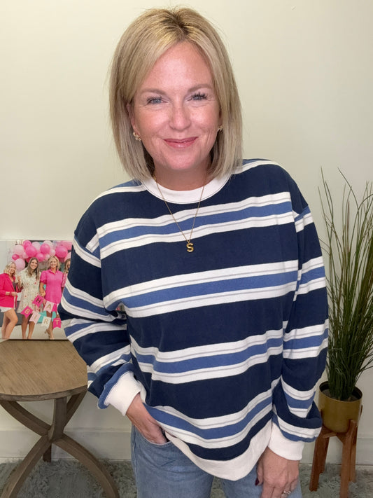 Cotton Navy Striped Pullover Sweatshirt