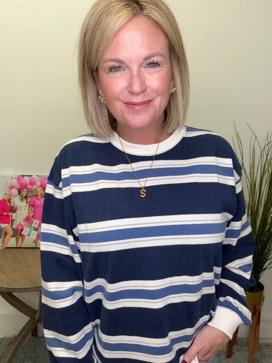 Cotton Navy Striped Pullover Sweatshirt