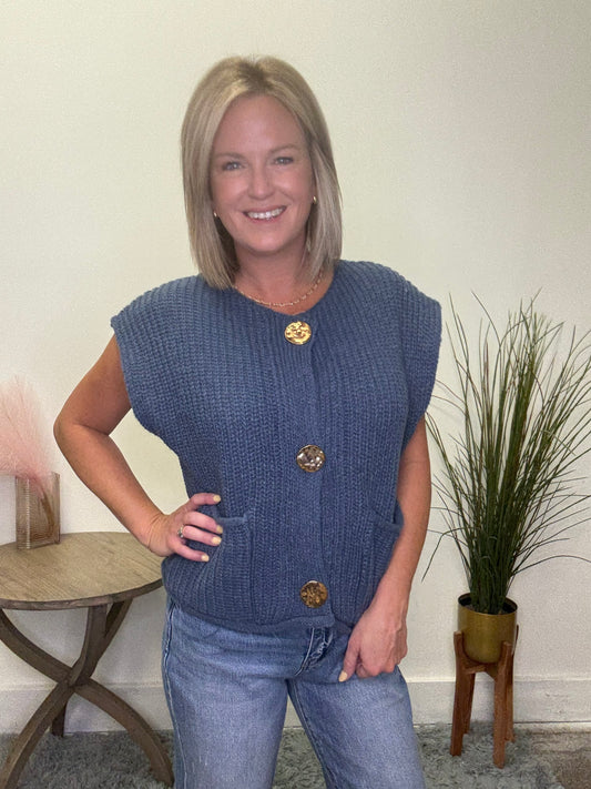 Big Metal Button Front Sweater Vest - Ella Chic Boutique