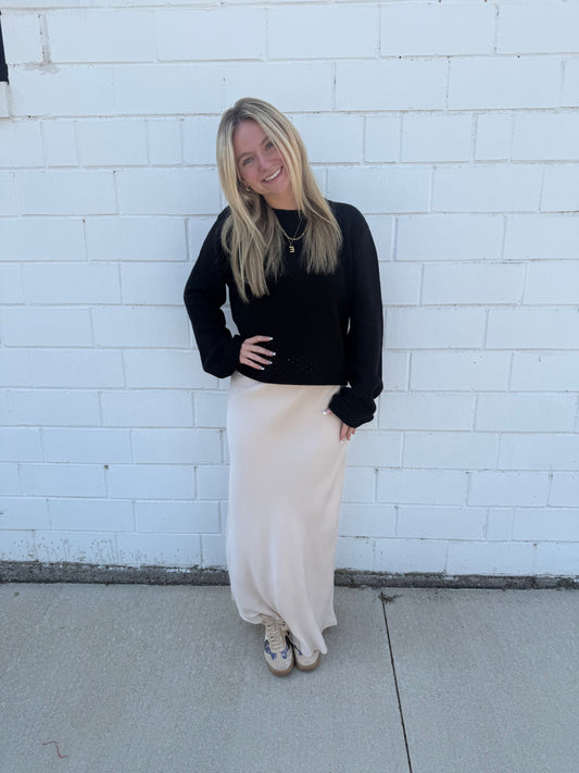 Champagne color satin maxi skirt stretchy waist tiny bow detail long length pull on Hyfve double zero