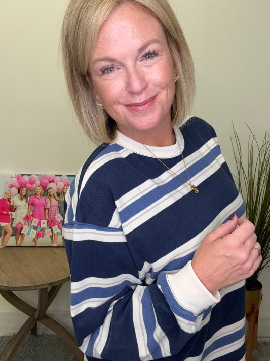 Blue striped by together sweatshirt top cream/ivory trim pullover fall boutique Roanoke, Indiana