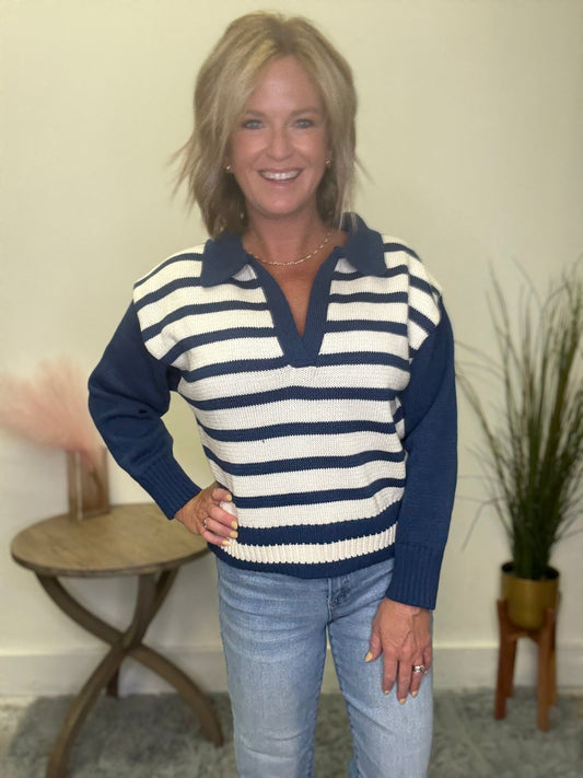 Solid and Stripes Collar Sweater - Ella Chic Boutique