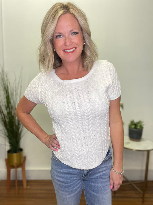 Cable Knit Short Sleeve Sweater Top - Ivory - Ella Chic Boutique
