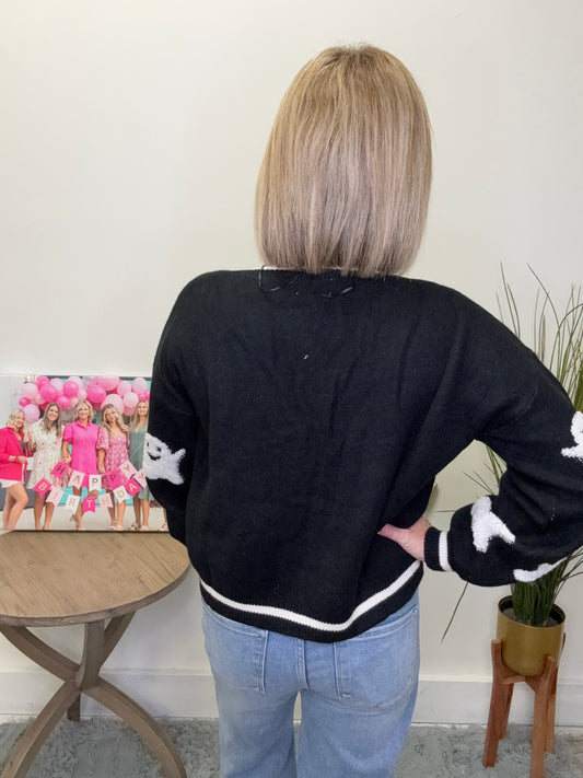 Adora black white ghost cardigan sweater Halloween October spooky top