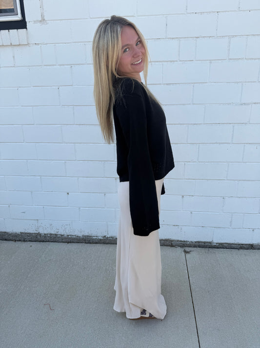 Champagne color satin maxi skirt stretchy waist tiny bow detail long length pull on Hyfve double zero