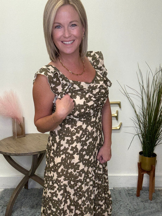 Mikarose Carrie dress in mossy florals olive cream yellow midi maxi