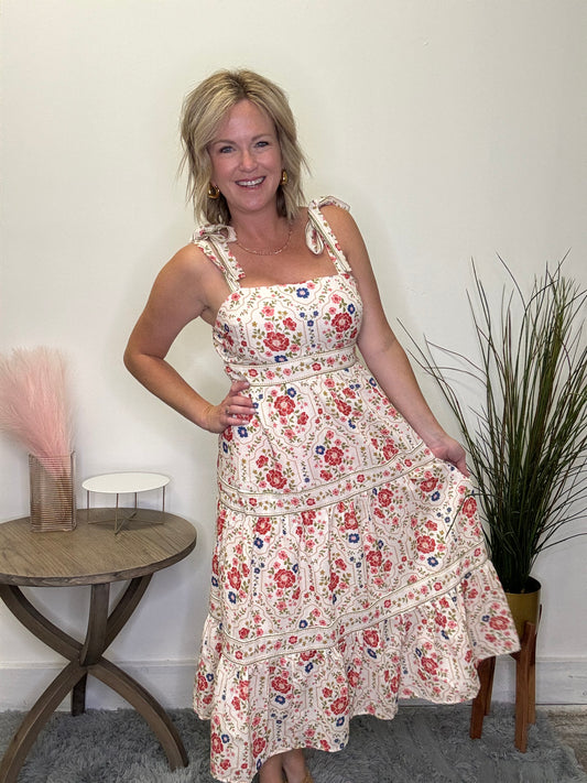 Polagram baevely ivory dress navy red floral print tied shoulder tiered trendy