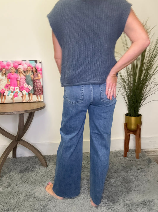 risen brand jeans high rise wide leg medium wash raw hem crop tummy control boutique Indiana