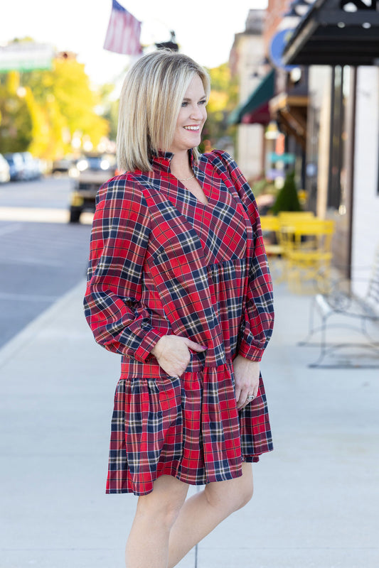 Country club Christmas red plaid entro dress pockets ruffle collar holiday
