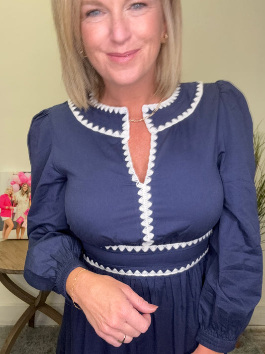 Contrast Ric Rac Trim Smocked Waistband Midi Dress